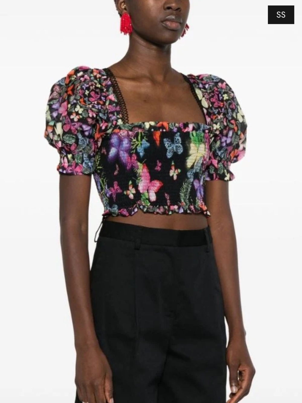 Charo Ruiz Blue Floral & Butterfly Puff-Sleeve Crop Top